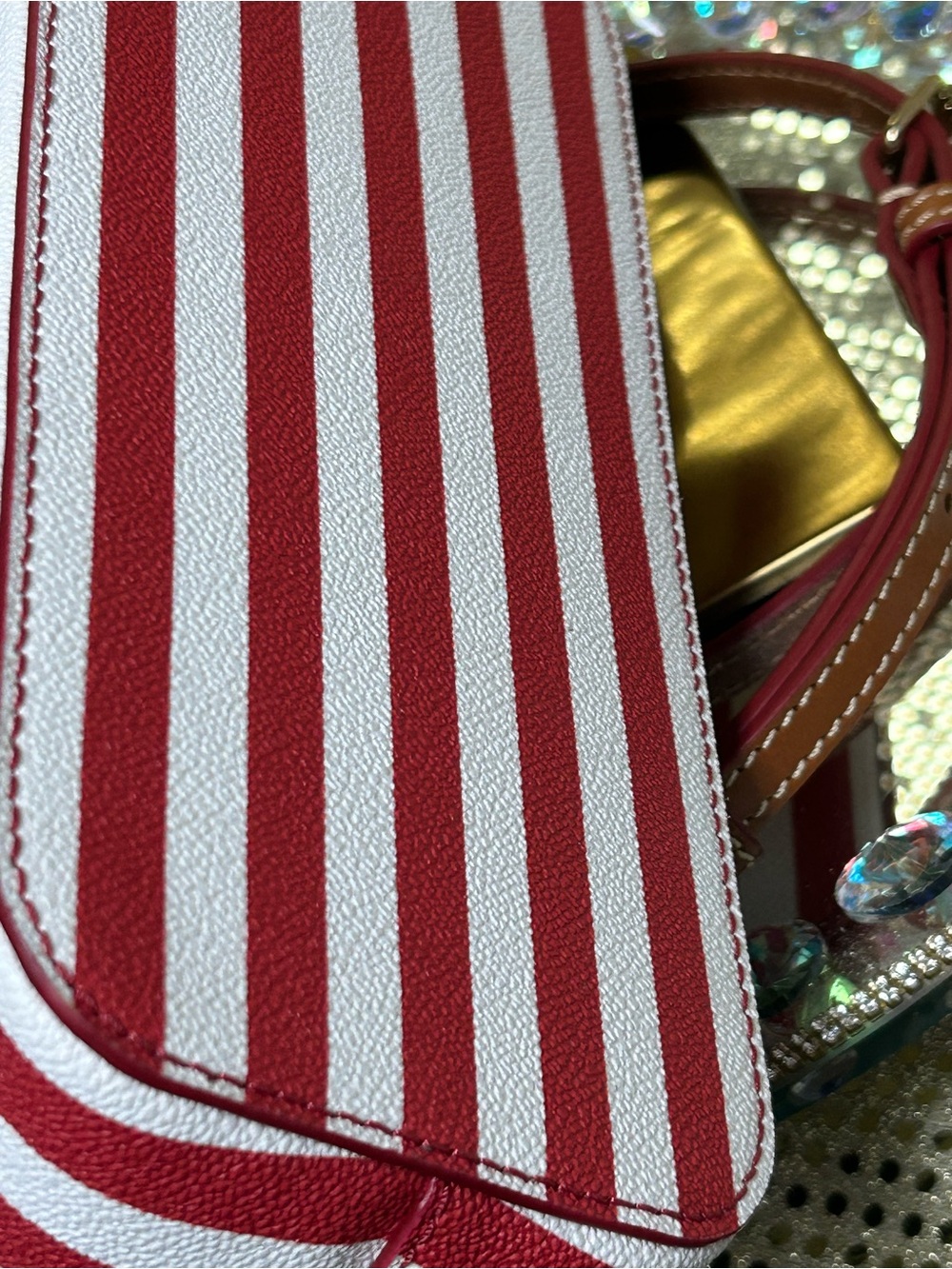 Dooney & Bourke Red and White Striped Crossbody Satchel with Brown Trim - Picture 8 of 16